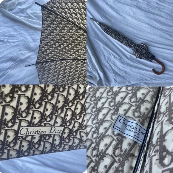 Christian Dior 70s Vintage Brown Trotter print umbrella/parasol w/ wooden handle
